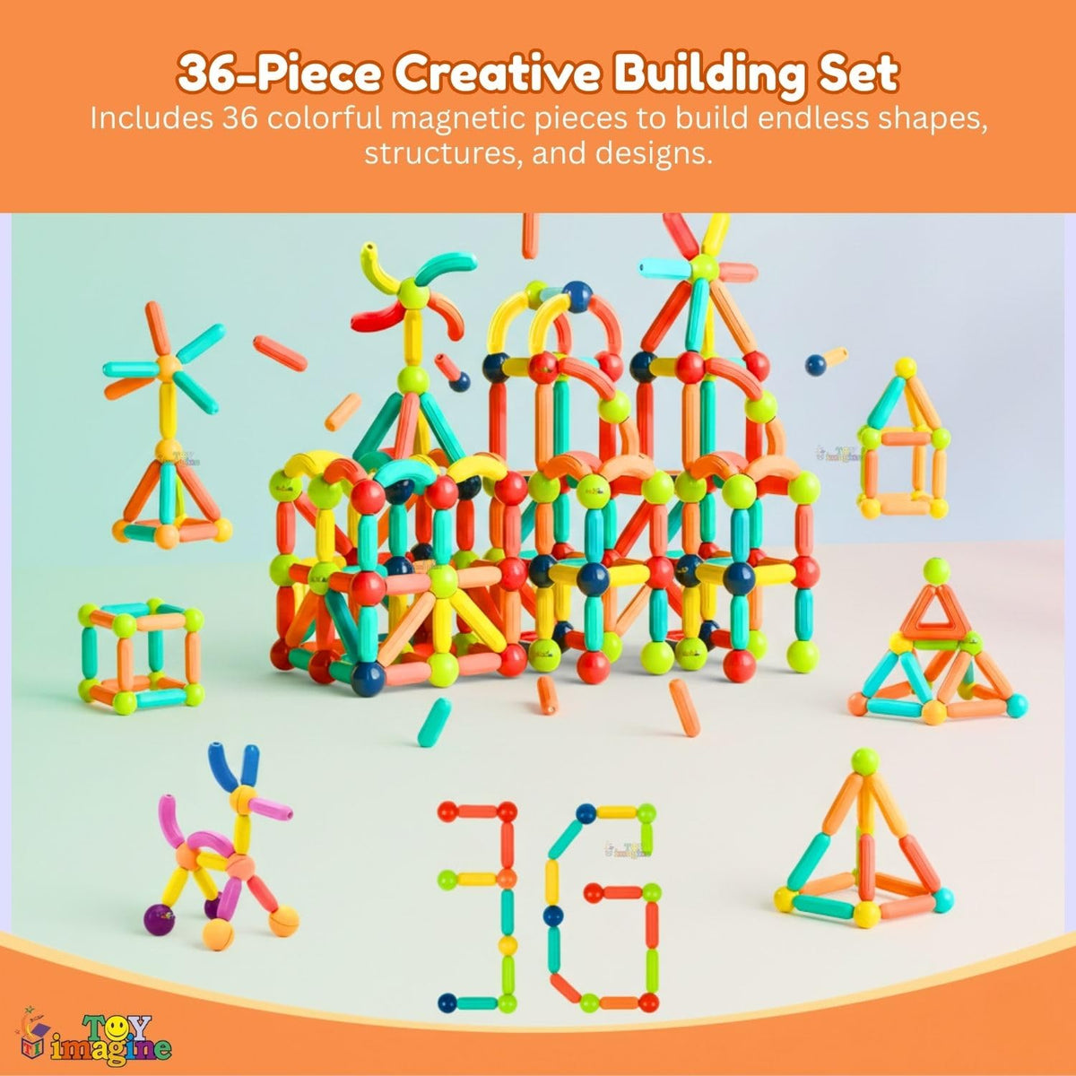 Toy Imagine Magnetic Building Blocks for Kids | Construction STEM Building Toys for Kids 2–5 Years | Safe Magnetic Blocks for Toddlers, Boys & Girls | Educational Blocks & Magnet Toys (36pcs)