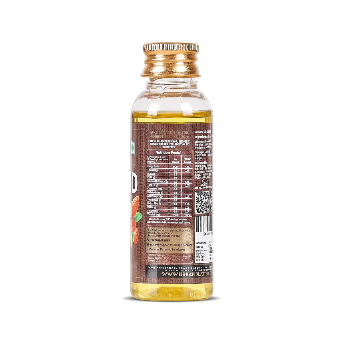 Urban Platter Cold Pressed Almond Oil, 50ml (Light Nutty Finishing Oil for Salads, Drizzling, Gourmet Baking & Natural Hair/Skin Nourishment)