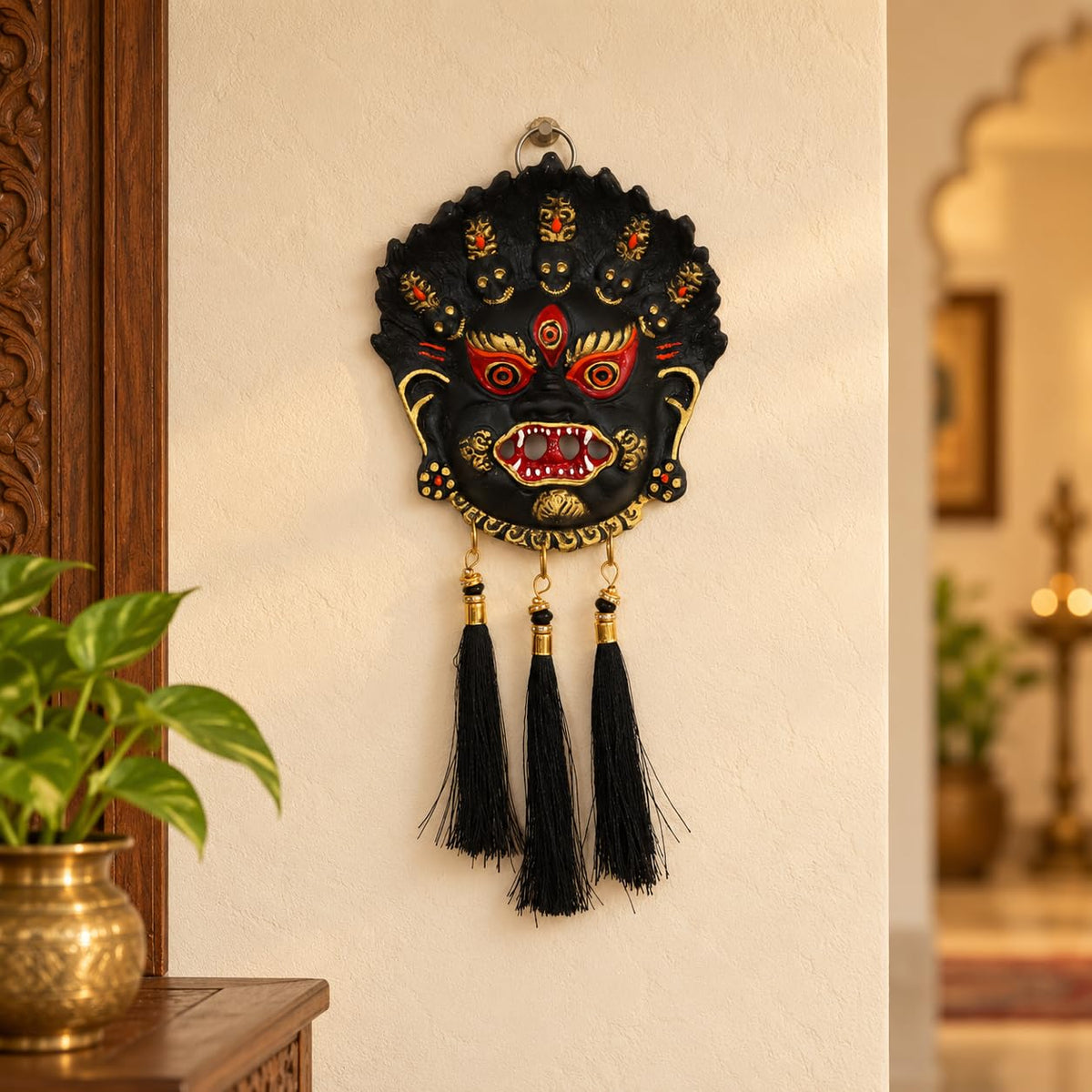KridayKraft Kirtimukha Nazar Battu Wall Hanging with Tassels, Black Face Mask for Home Entrance, Main Door and Office Décor, Housewarming Gift.