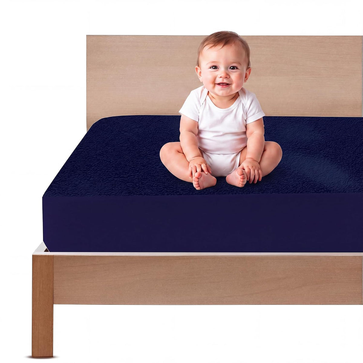 OYO BABY Queen Size Waterproof Bed Protector | Soft Cotton Feel, Breathable & Hypoallergenic Construction | 360° Elastic Fitted Mattress Cover for Baby & Kids | 75 x 60 Inch (6.25 x 5 Ft) - Dark Blue