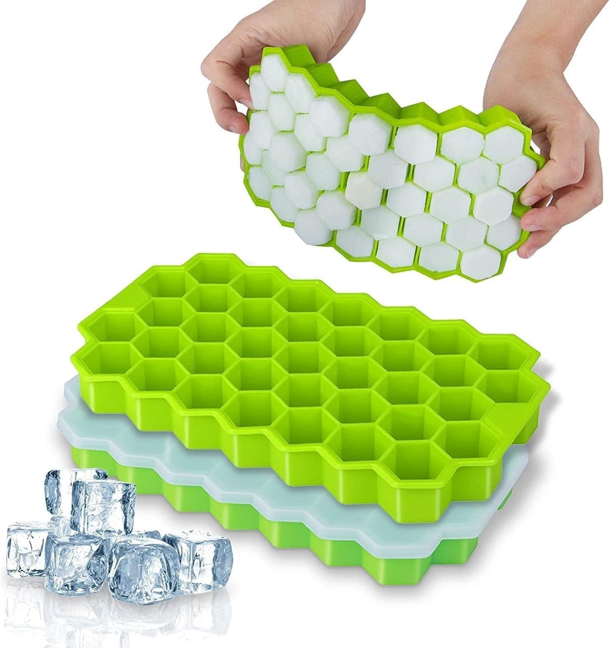 E-COSMOS® Flexible Silicone Honeycomb 37 Cavity Ice Cube Trays for Freezer with Lid Silicone Ice Cube Tray withMoulds Small Cubes Whiskey Fridge Bar Soft Ice Cube Tray (POF 1)