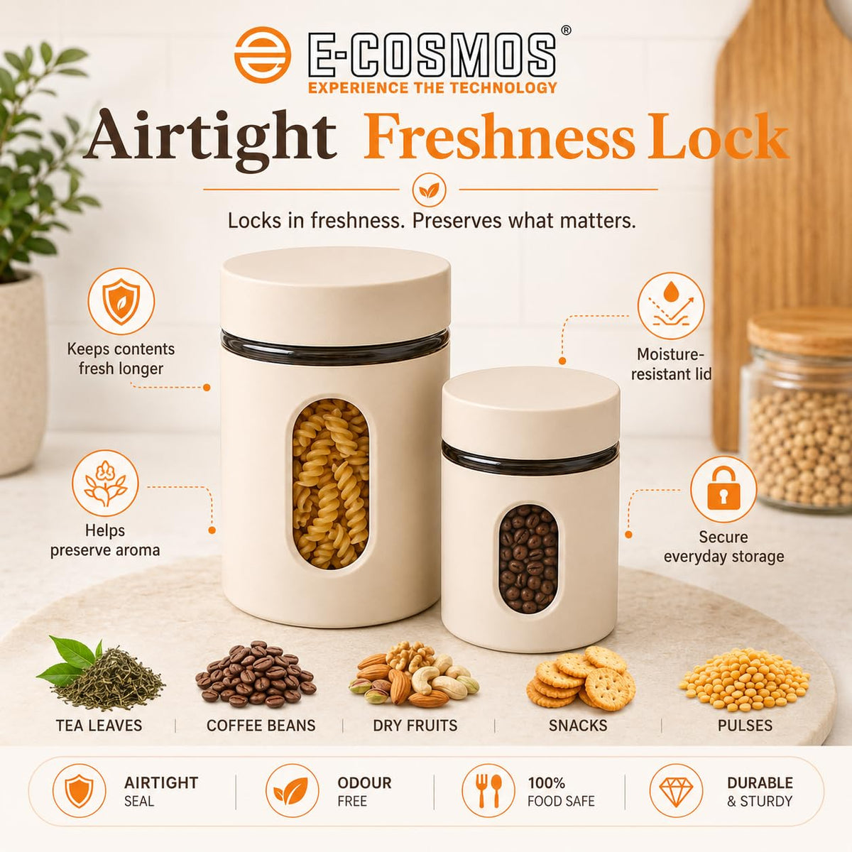 E-COSMOS® 500 ml Plastic Kitchen Storage Container Pack of 2 - Airtight Oval Container with Clear Window for Snacks, Tea, Coffee & Dry Fruits (Multicolor) (Pack Of 2, 500, Milliliters)