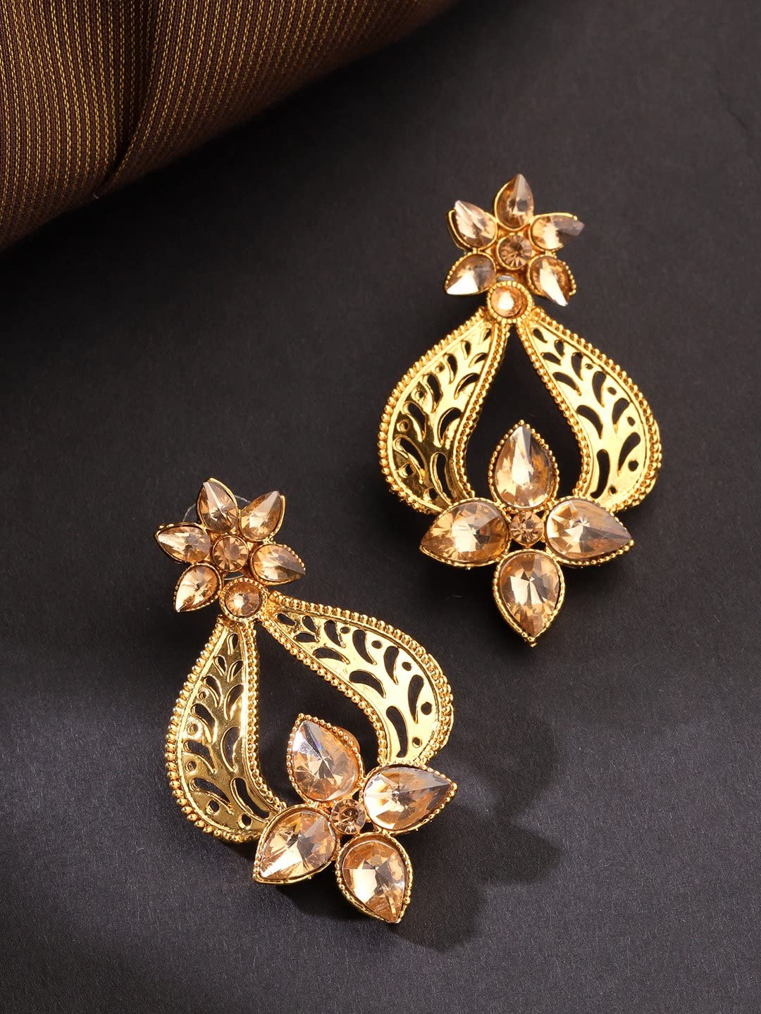 Priyaasi Gold-Plated Stones Studded Floral Drop Earrings
