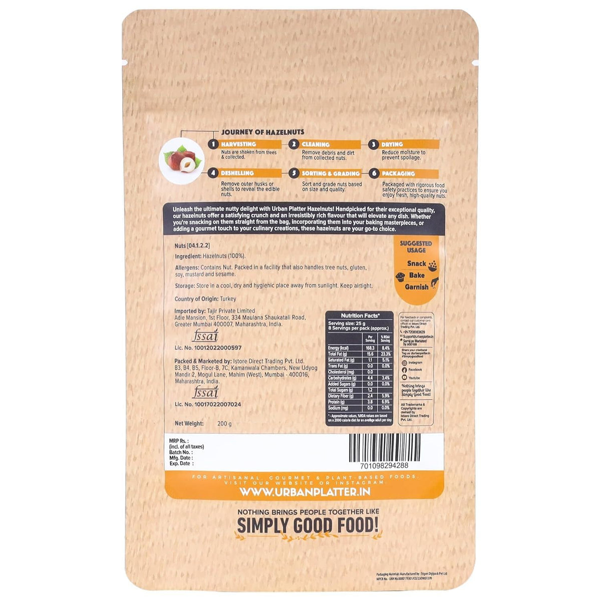 Urban Platter Exotic Hazelnuts, 200g, (Protein & Fiber Rich, For Confectionery, Baking, Nut Pastes & Dessert)