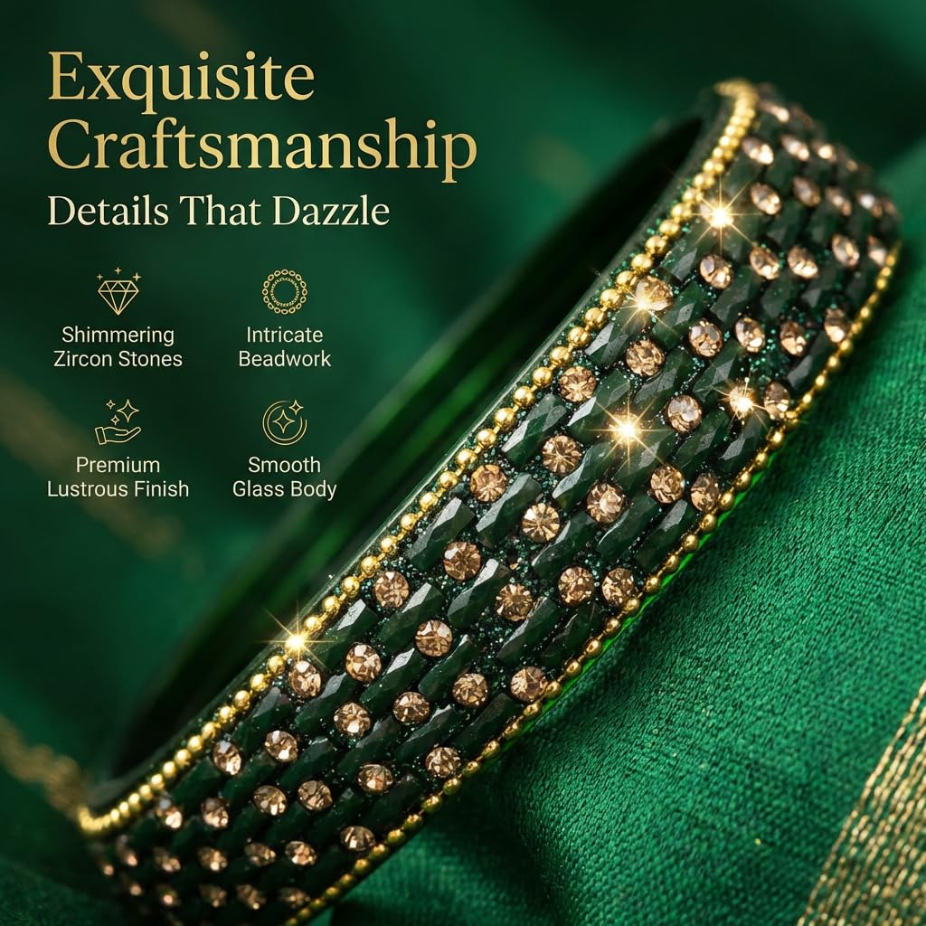 NMII Glass Golden Zircon GemStone & Beads Studded Thick Kada Set For Women & Girls | Chudi Set | Glass Bangles For Women | Fancy Kada For Women Party, Wedding, Occasion, Daily use
