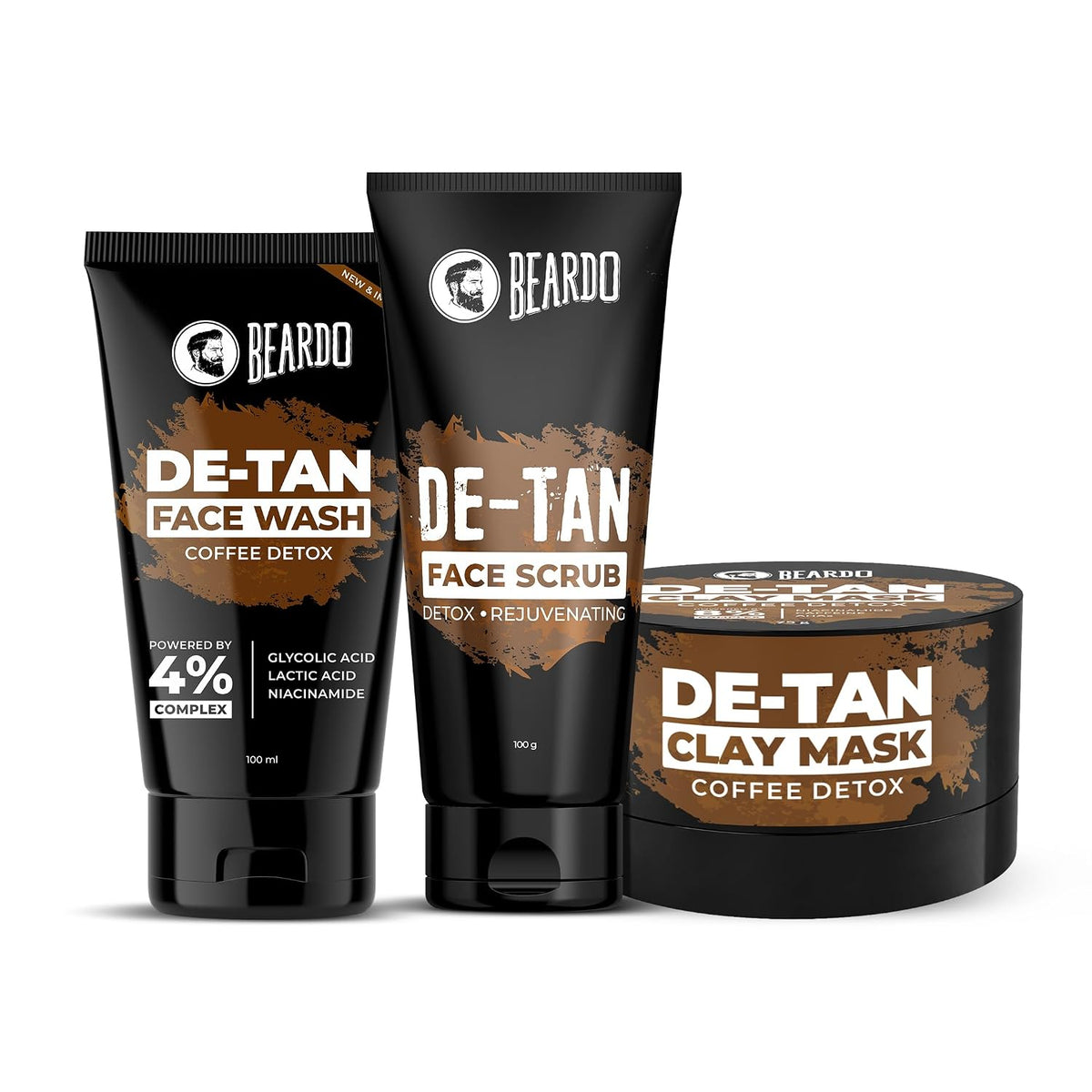 Beardo Face De-Tan Express Kit for Men | Face Wash, Face Scrub & Clay Mask | Helps Remove Tan, Dirt & Dead Skin | 3-Step Express De-Tan Routine