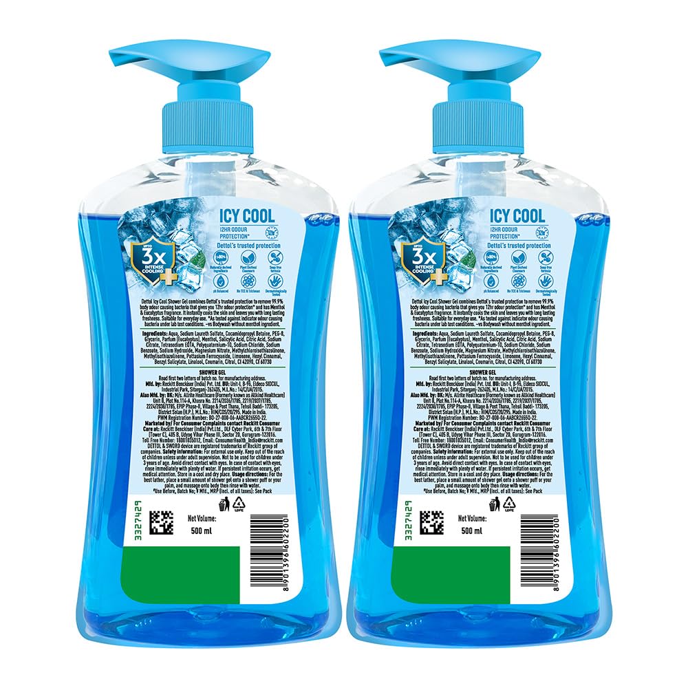 Dettol Icy Cool Body Wash and Shower Gel Pump for Men | Goodness of Salicylic Acid | Menthol Freshness | 500ml Pack of 2