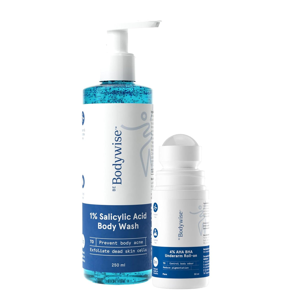Be Bodywise 1% Salicylic Acid Body Wash (250ml) & 4% Underarm Roll on (50ml) | 2% Lactic Acid, 1% Mandelic Acid | Prevents Body Acne, Odour & Pigmentation | Suitable for Sensitive Skin