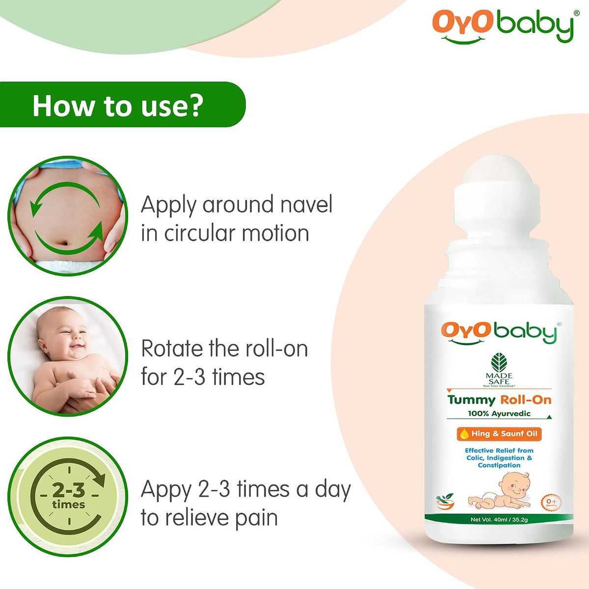 OYO BABY Tummy Roll-On for Babies | Colic Relief, Constipation & Indigestion | Hing & Saunf Formula |100% Ayurvedic - 40ml - Pack of 1