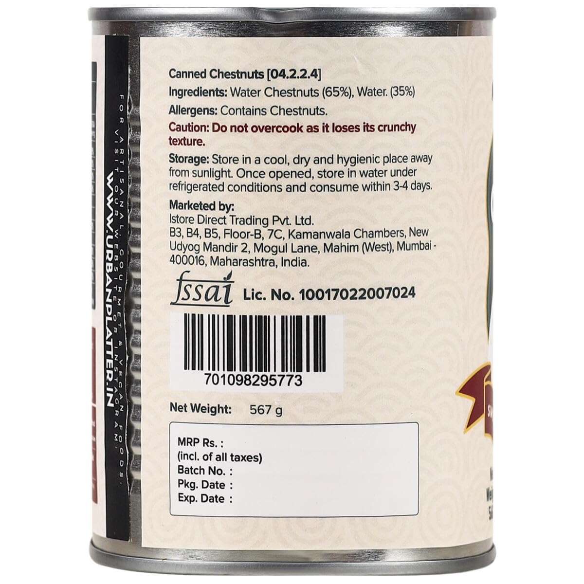 Urban Platter Water Chestnuts in Water, 567g (Drained Weight - 304g, Sweet, Tender, Ideal for Stir-Fries, Asian Dishes)