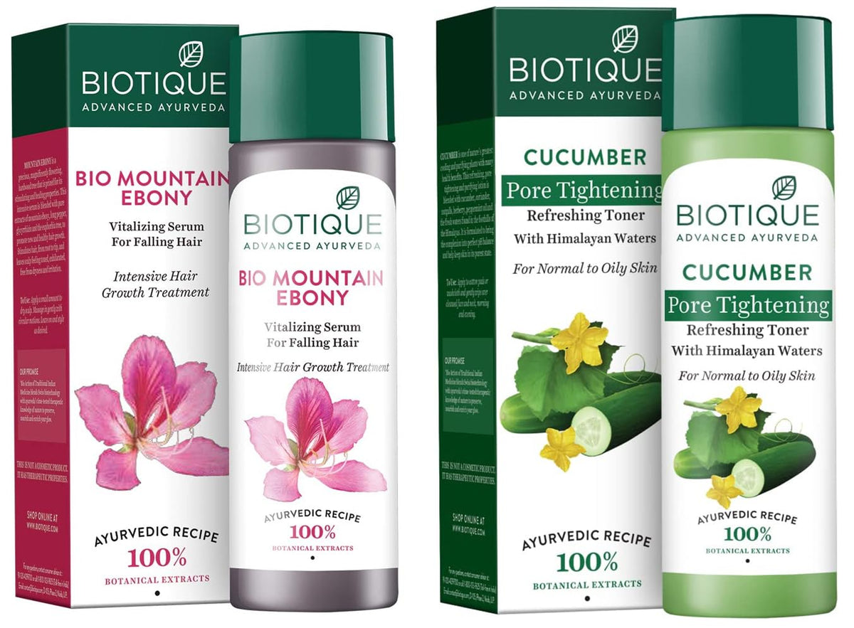 Biotique Bio Cucumber Pore Tightening Toner, 120Ml And Bio Mountain Ebony Vitalizing Serum For Falling Hair Intensive Hair Growth Treatment, 120Ml