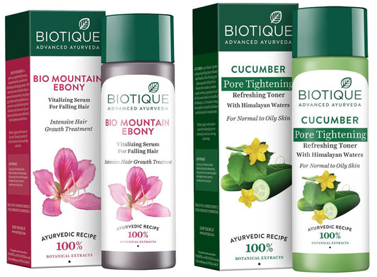 Biotique Bio Cucumber Pore Tightening Toner, 120Ml And Bio Mountain Ebony Vitalizing Serum For Falling Hair Intensive Hair Growth Treatment, 120Ml