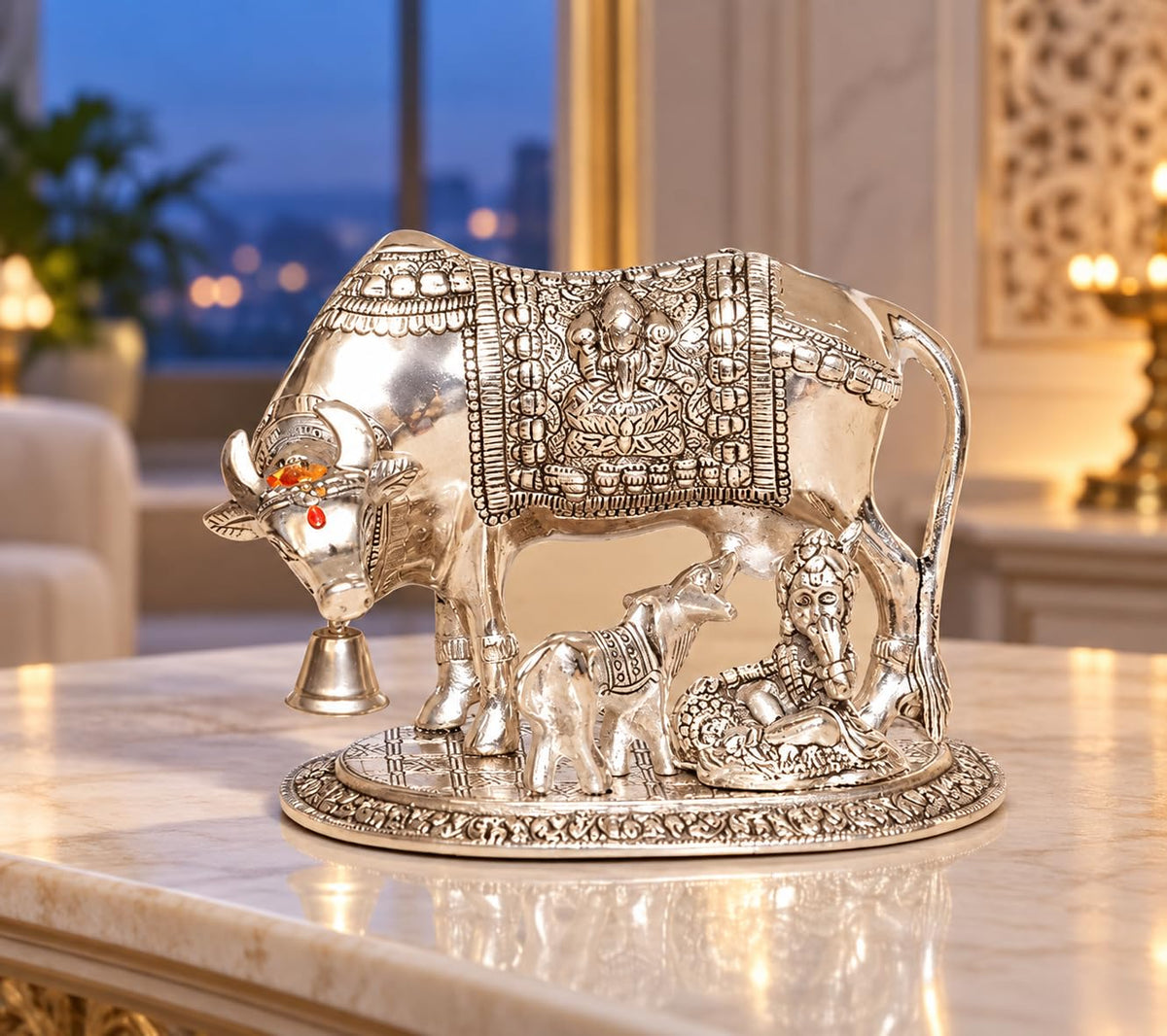 KridayKraft Kamdhenu Cow & Calf with Bal Gopal Krishna Metal Statue Vastu Idol for Good Luck, Wealth & Prosperity, Feng Shui Showpiece for Home, Office & Housewarming Gift (Silver)