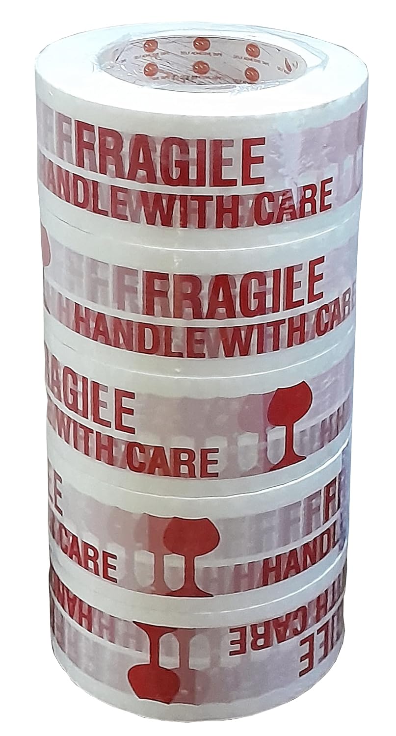 NMII Single Side Fragile (Handle with care) Adhesive Tape, 63.5 mm, 200 meter, 5 Rolls, Red-White