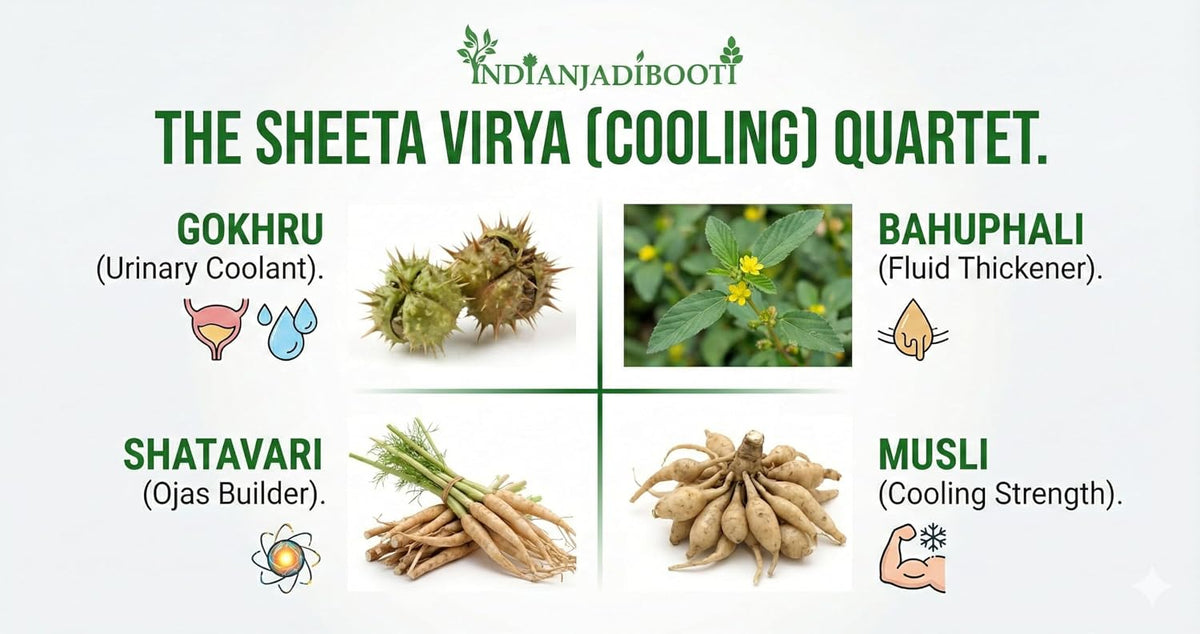 IndianJadiBooti Vajikarana-Sheetal Endurance Kit – Gokhru, Bahuphali, Shatavari & Safed Musli – Cooling Ayurvedic Herbs for High Vitality, Stamina & Pitta Balance – The "Summer Strength" 200g Pack