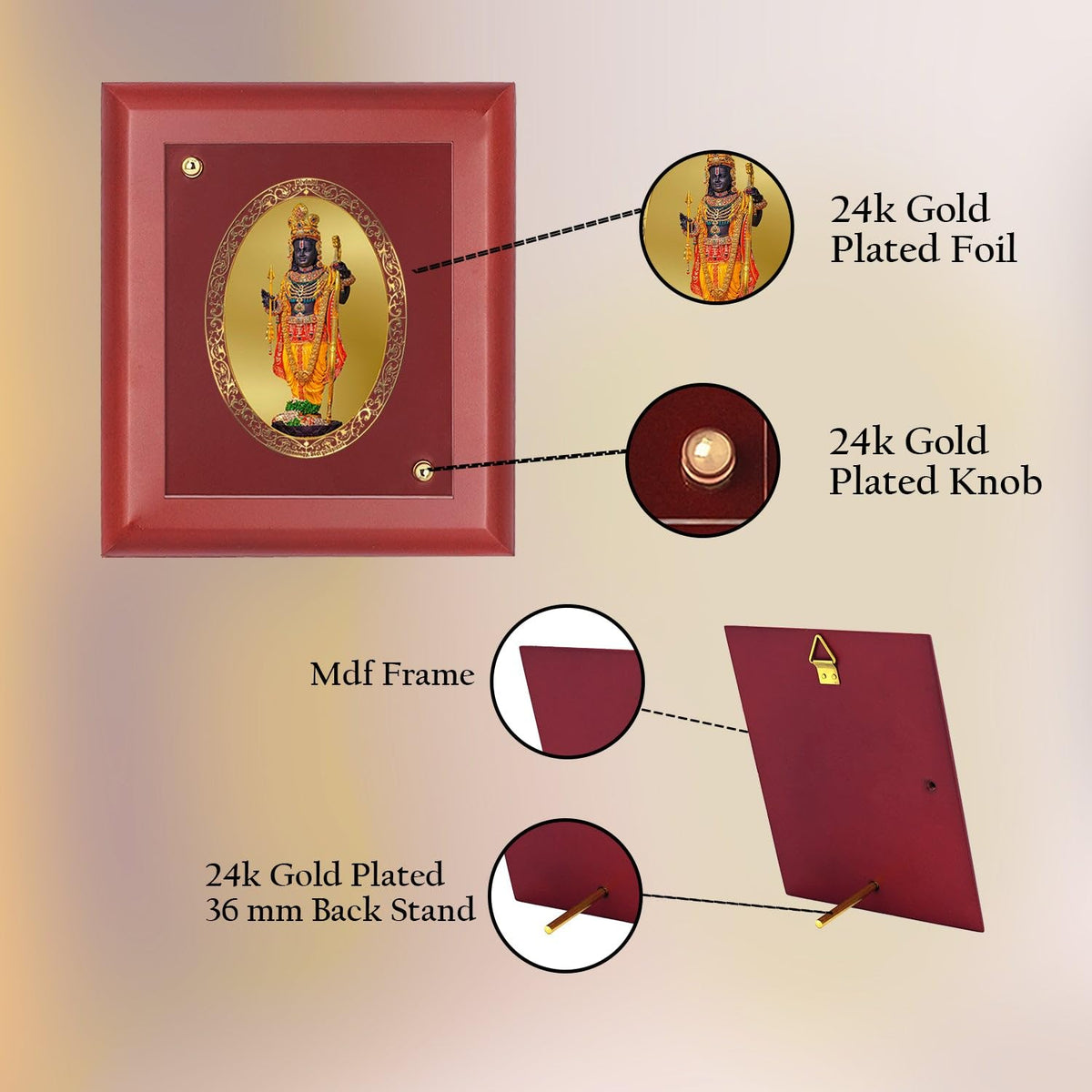 DIVINITI Intima Pure 24K Gold Plated Ram Lalla Religious Frame – Luxury Home, Office & Mandir Décor | Premium Gold Foil Artwork in MDF Frame | Table Top Display (16 X 13.5 CM)