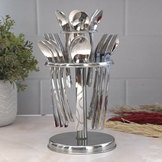 Parage 25 Pieces Beauty Premium Stainless Steel Cutlery Set for Home & Kitchen (Contains: 6 Table Spoons, 6 Forks, 6 Tea Spoons, 6 Dinner Spoons, 1 Stand), Spoon Set, Dining Tableware Fancy- Silver