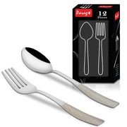 Parage 12 Pieces Stainless Steel Premium Cutlery Set for Home & Kitchen, Luxury Dining Tableware Small Spoon & Fork Gift, Laser Chammach Set, Silver Dazzle Design (6 Dinner Spoons & 6 Dinner Forks)