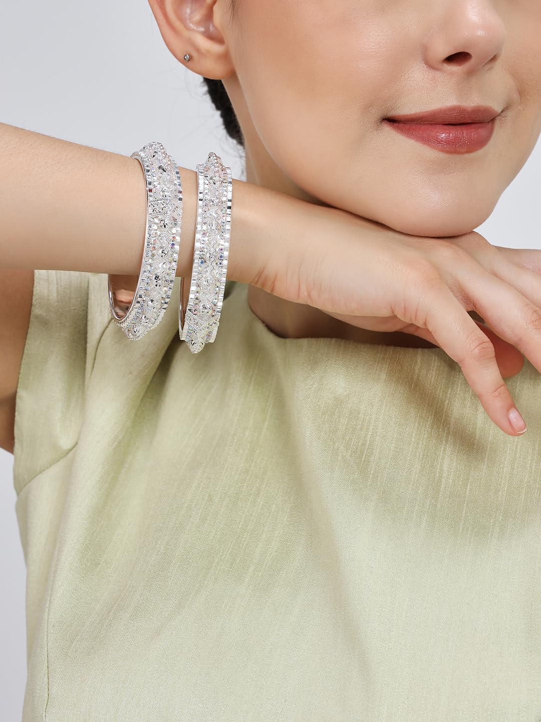 NMII Latest Alloy Metal with Zircon Stone & Pearls Bangles Set For Women & Girls | Premium Girl's Bangles Bracelet | Women's Kangan | Kada Bangles For Women Wedding, Party, Occasion- Set of 2