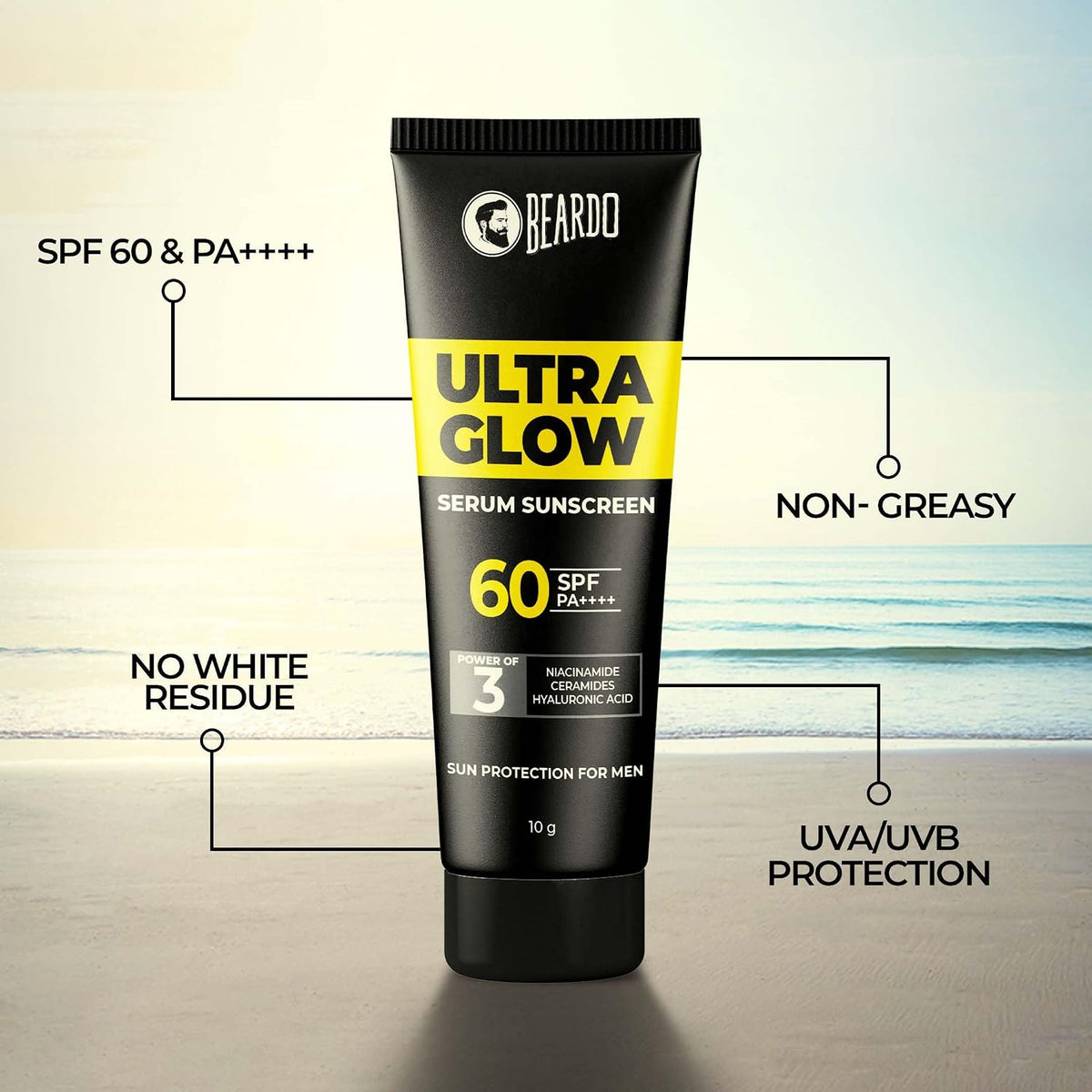 Beardo Ultra Glow Serum Sunscreen SPF 60+ PA++++| UVA/UVB Protection | No White Cast | Ultra Lightweight 3 in 1 with Niacinamide, Ceramides & Hyaluronic Acid | Non-Greasy | Designed for Men | 10g