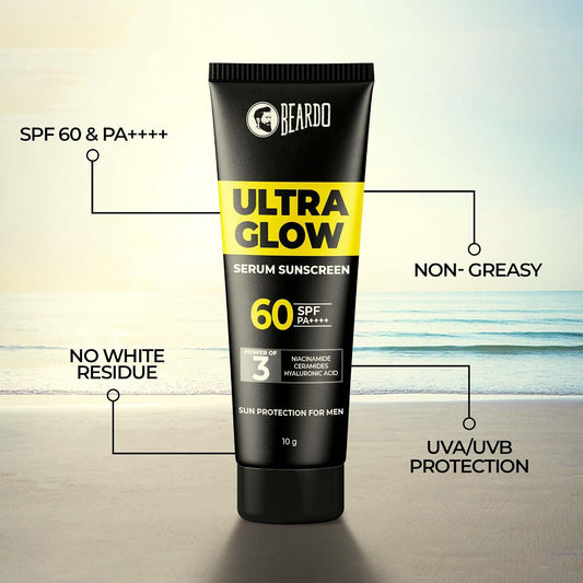 Beardo Ultra Glow Serum Sunscreen SPF 60+ PA++++| UVA/UVB Protection | No White Cast | Ultra Lightweight 3 in 1 with Niacinamide, Ceramides & Hyaluronic Acid | Non-Greasy | Designed for Men | 10g