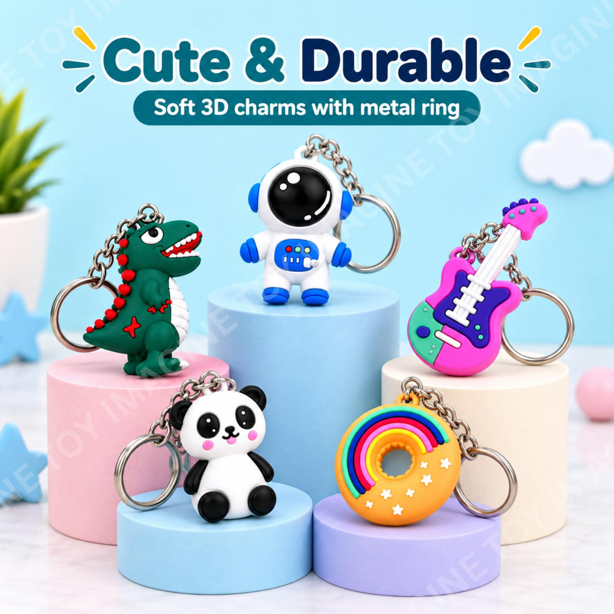 Toy Imagine 3D Rubber Cartoon Keychains for Kids, Pack of 12