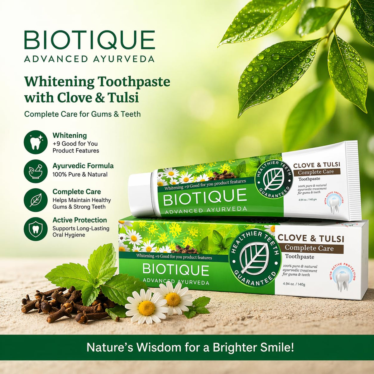 Biotique Clove & Tulsi Complete Care Toothpaste - 100% Pure & Natural Ayurvedic Treatment for Gums & Teeth - 140gm (Pack of 2)