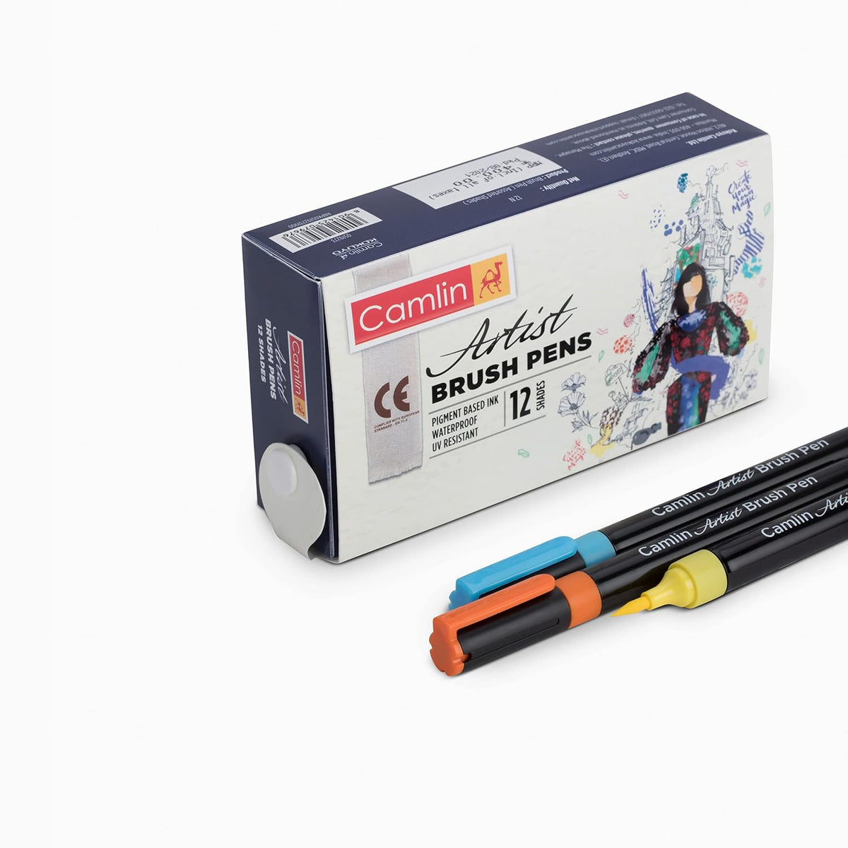 Camel Camlin Artist Brush Pen Set - Pack of 12 (White) Artist Water Colour Cake Set - Pack of 24 (Blue)