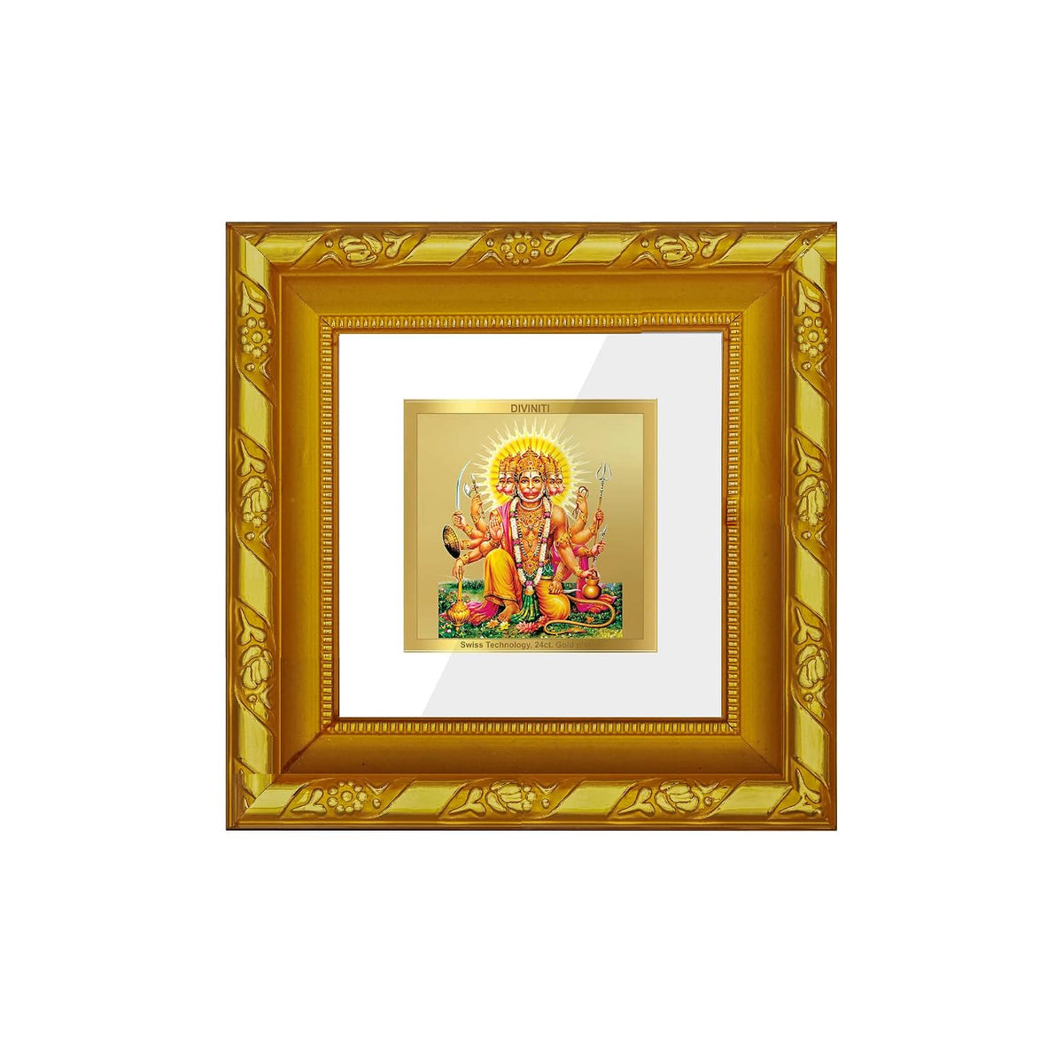 DIVINITI Panchmukhi Hanuman Gold Plated Wall Photo Frame, Table Décor| DG Frame 103 Size 1A and 24K Gold Plated Foil| Religious Photo Frame Idol For Pooja, Gifts Items (10.8 CM X 10.8 CM)