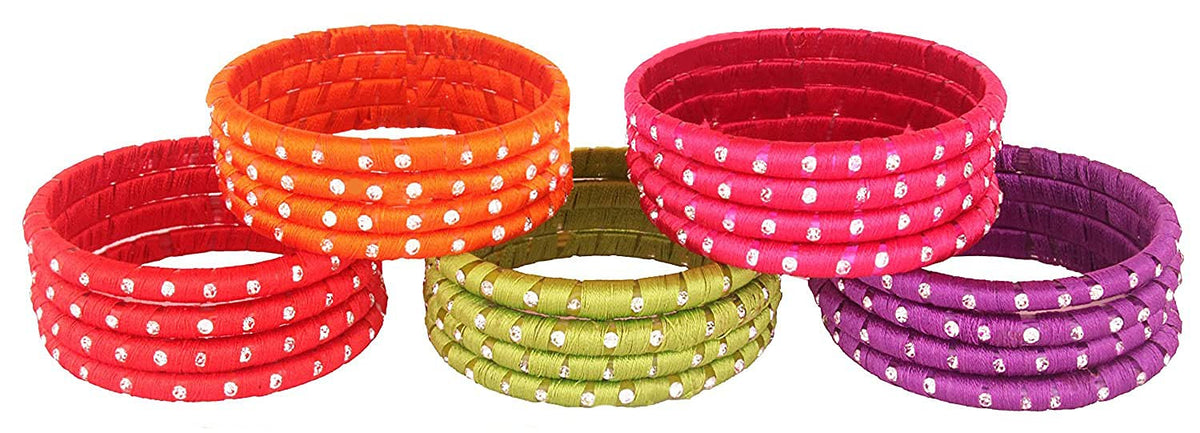 NMII Glass With Silk Thread and Zircon Gemstone Studded Worked Kada Set For Women and Girls