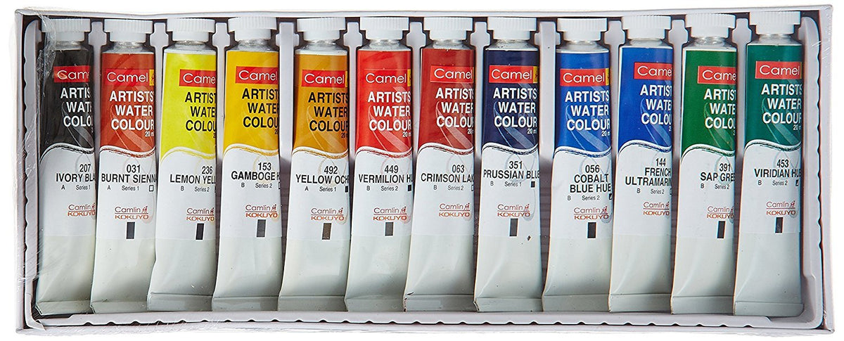 Camel Paint Brush Series 66 - Round Synthetic Gold, Set of 7 & Camel Artist's Water Color - 20Ml Each, 12 Shades