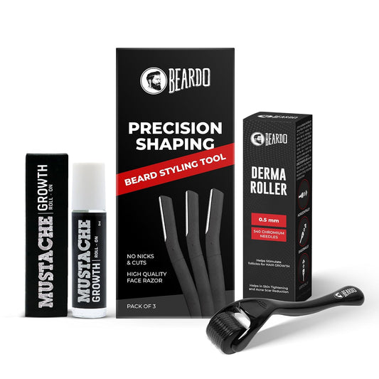 Beardo Moochwala Growth Combo for Men | Derma Roller + Moustache Growth Roll-On + Styling Tool | Helps Stimulate Hair Follicles | Supports Thicker, Fuller-Looking Moustache | Easy At-Home Moustache Care Kit