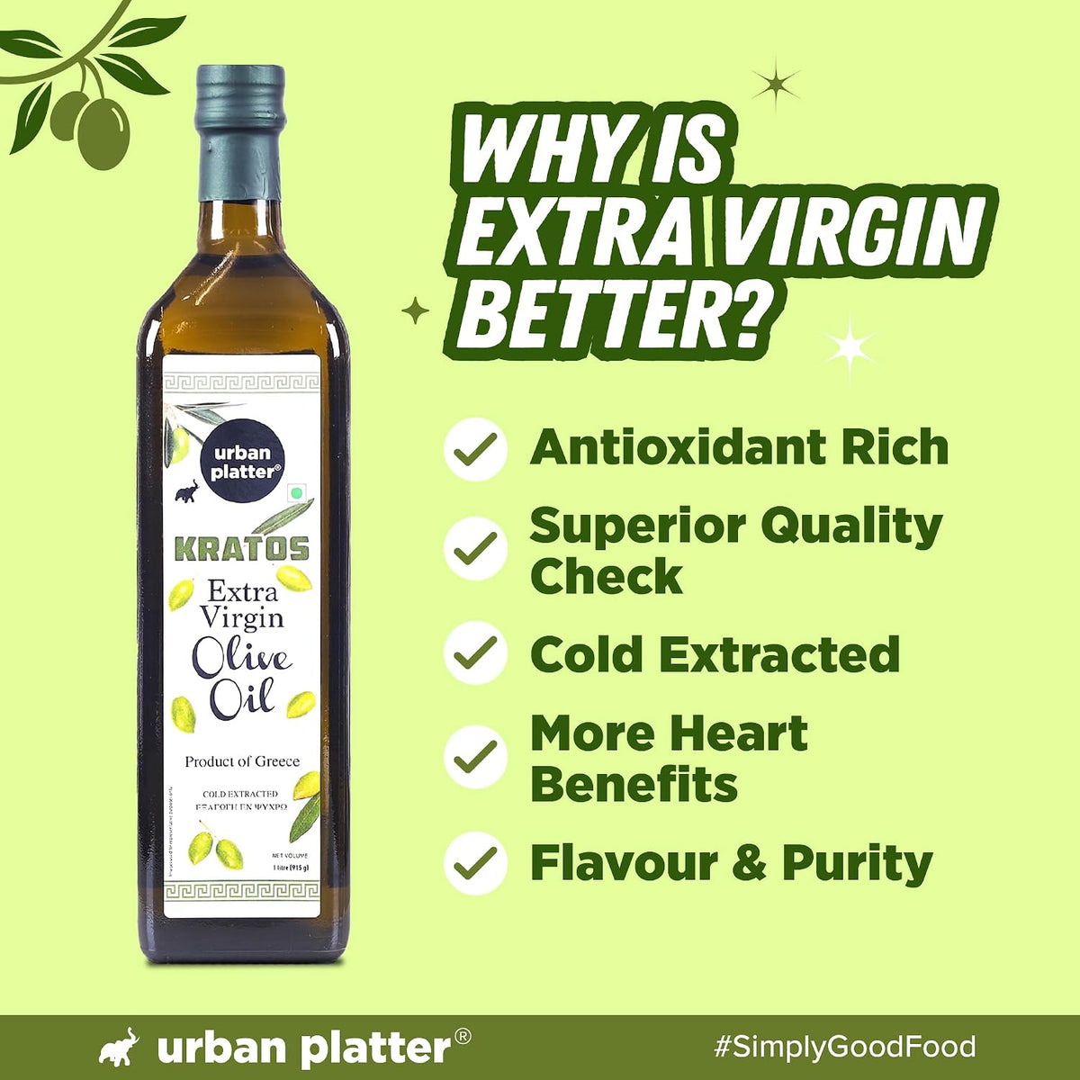 Urban Platter Kratos Cold Pressed Extra Virgin Olive Oil, 1L (Made in Greece, Single Variety Koroneiki Olives, Rich in Anti-oxidants)