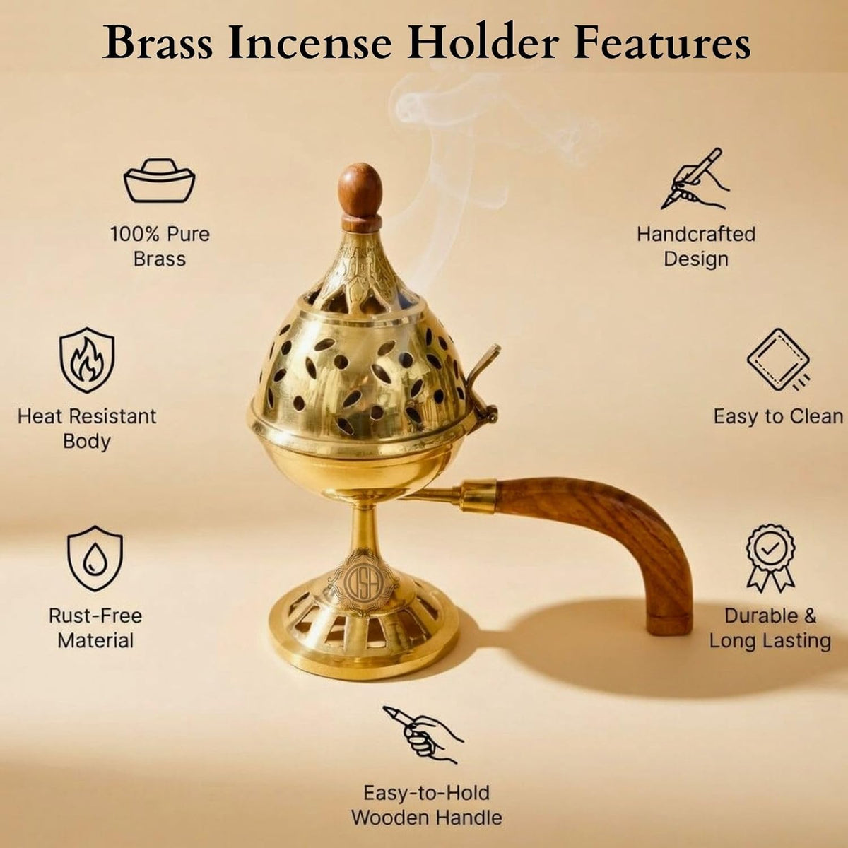 DSH Brass Loban Burner With Handle, Dhoop Dhuni Burner Sambrani Dhoop, Resin & Home Office Temple Prayer Butler (No. 4), Gold, Standard (Lbn-04), Round