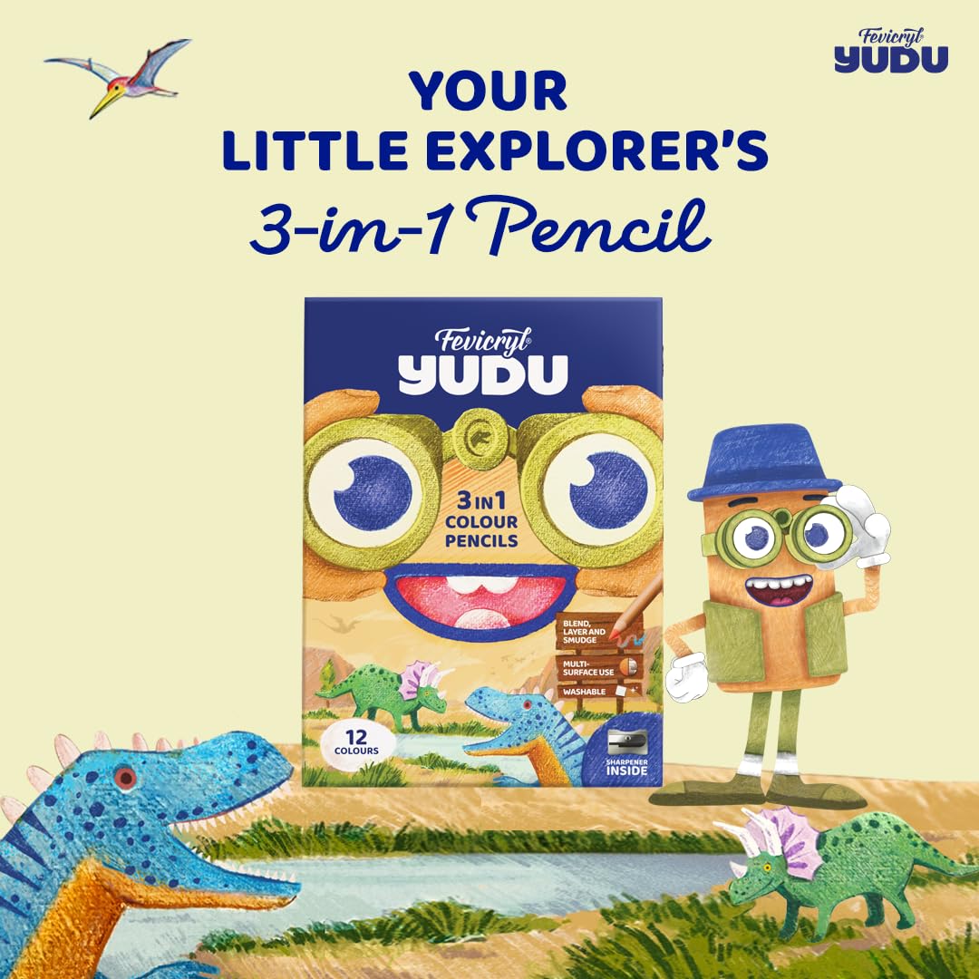 Fevicryl YUDU 3-in-1 Colour Pencils | 12 Shades | Colour Pencil, Crayon & Water Colour in 1 | Easily Washable, Non-Toxic & Safe for Kids 6-12yrs | Ideal Gift for Kids
