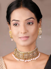 Priyaasi Gold-Plated, Stones Studded Floral Patterned Choker Set with Beads Drop in Pink Color, One Size (NL-PR-10050-PNK)