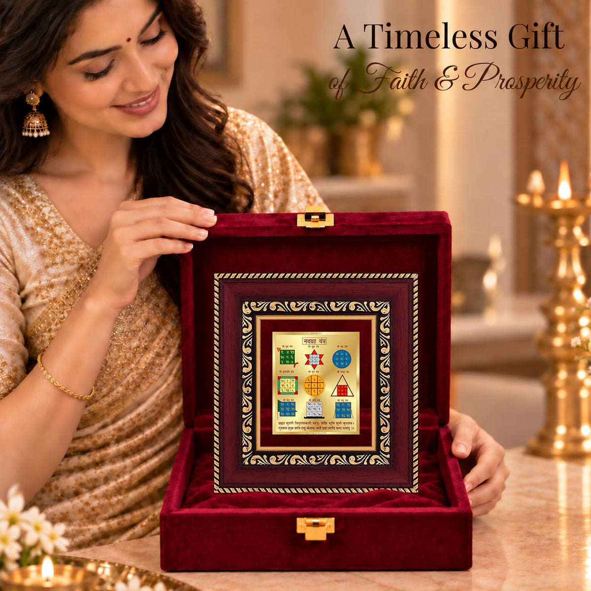 DIVINITI 24K Gold-Plated Navagraha Yantra Frame | Sacred Nine Planets Yantra for Harmony, Protection & Positivity | Home, Office & Pooja Decor | Premium Gift Box | 12 x 11 CM