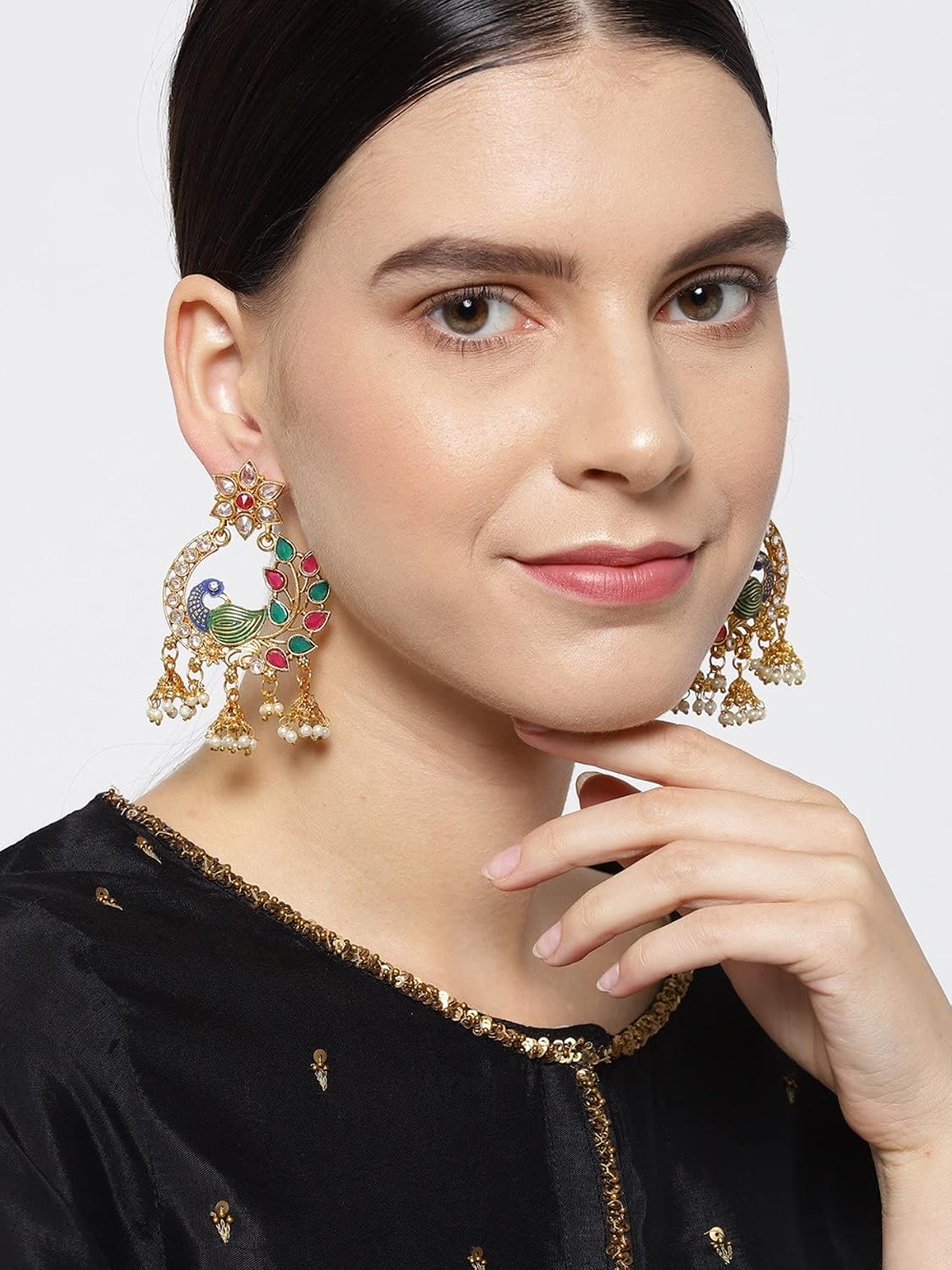 Priyaasi Gold-Plated Peacock Inspired, Meenakari Earrings in Multicolour