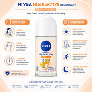NIVEA Hijab Active Bright & Dry Anti-Perspirant Roll-On Deodorant for Women, 48H Protection, Vitamin C & Anti-Bacterial Formula, 0% Alcohol, 50 ml