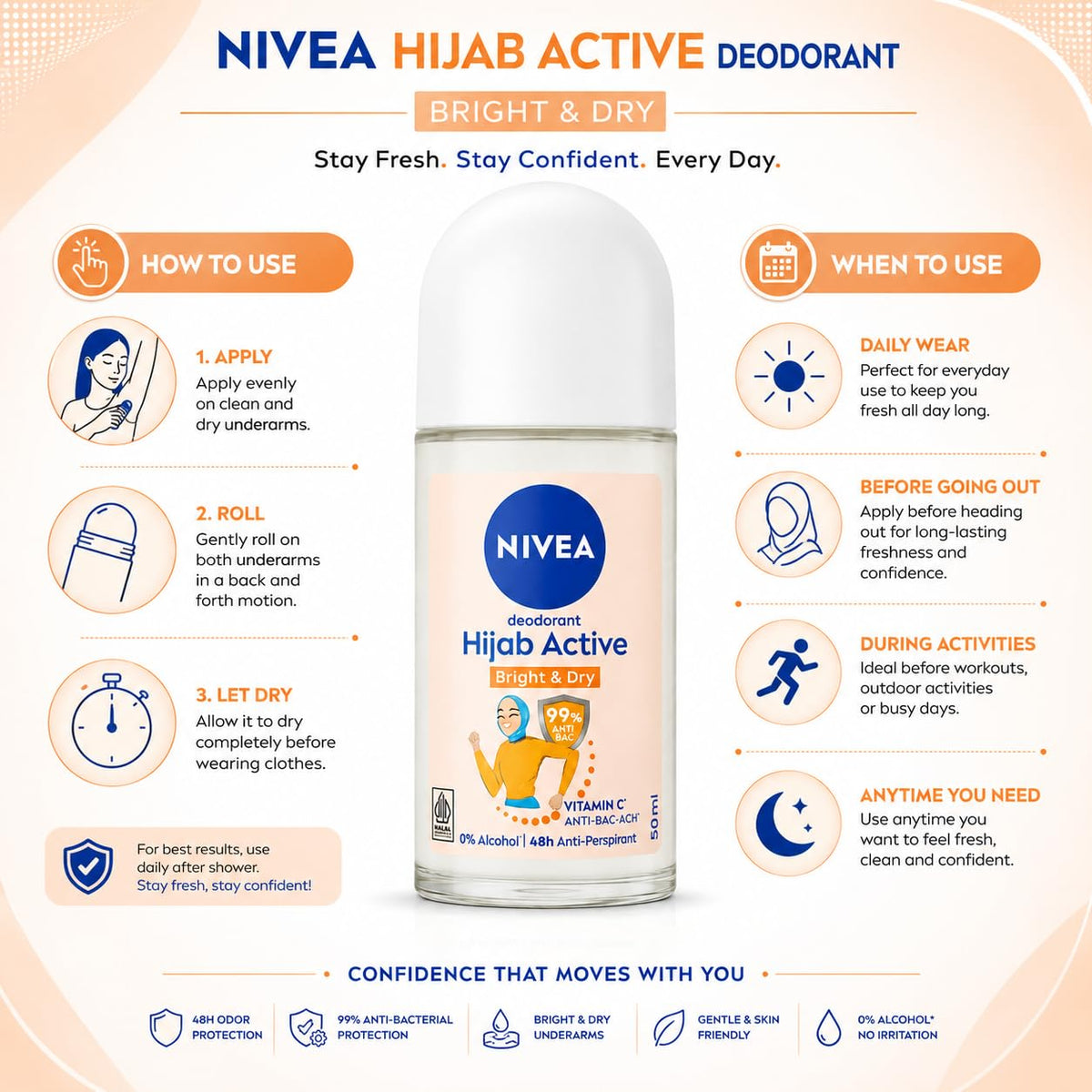 NIVEA Hijab Active Bright & Dry Anti-Perspirant Roll-On Deodorant for Women, 48H Protection, Vitamin C & Anti-Bacterial Formula, 0% Alcohol, 50 ml