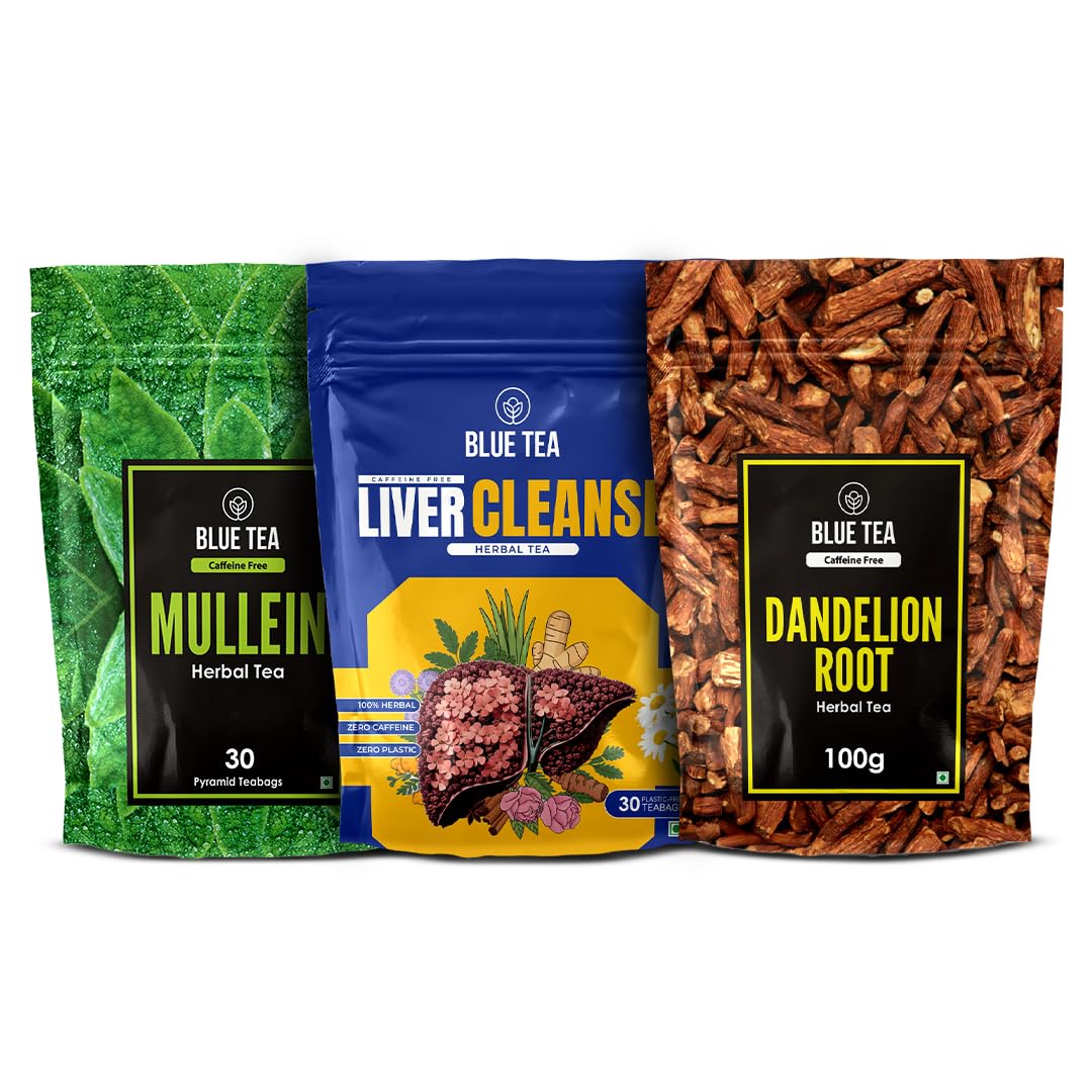 BLUE TEA - Combo of Mullein Tea (30 Teabags), Liver Cleanse (30 Teabags), Dandelion Root Tea (100g)