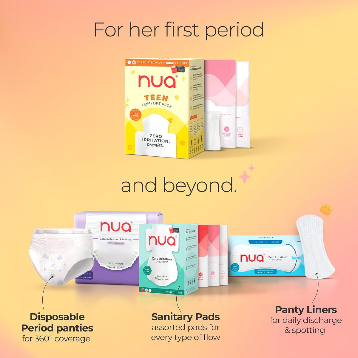 Nua Teen Comfort Sanitary Pads for Teens | Sanitary Pads and Panty Liners | Zero Irritation Promise | 4x Comfort | 100% Toxic-free | Starter Pack for Teens | 14 Count (12 Pads + 2 Liners)