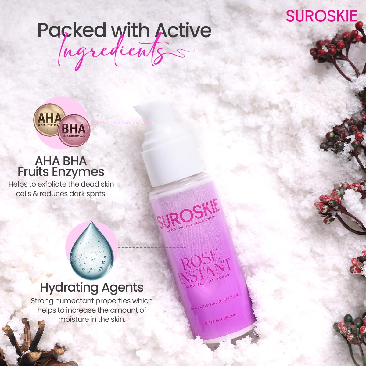 Suroskie K Beauty Combo (Pack of 4) | Rose Instant Face Scrub (50ml) + Rose Petals Melt Cleanser (120ml) + Rosanna Face Mask + Glass Skin Moisturizer | for Men & Women