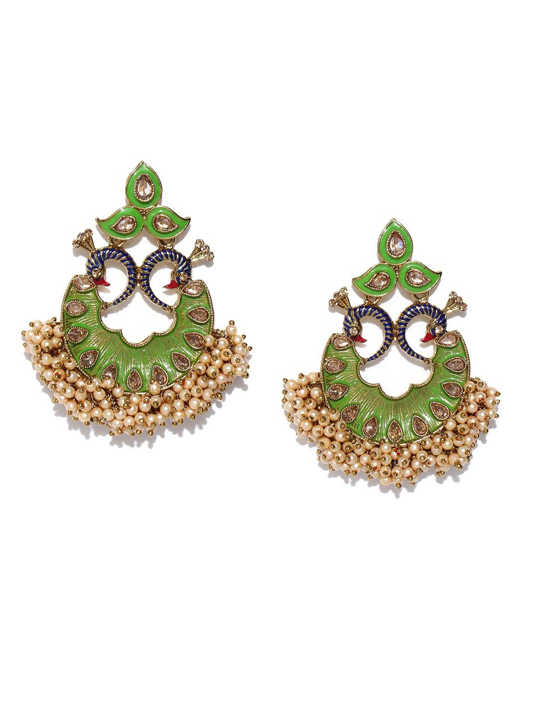 Priyaasi Gold-Plated Stones Studded Peacock Inspired, Meenakari Chandbali Earrings in Green Color with Pearls Drop