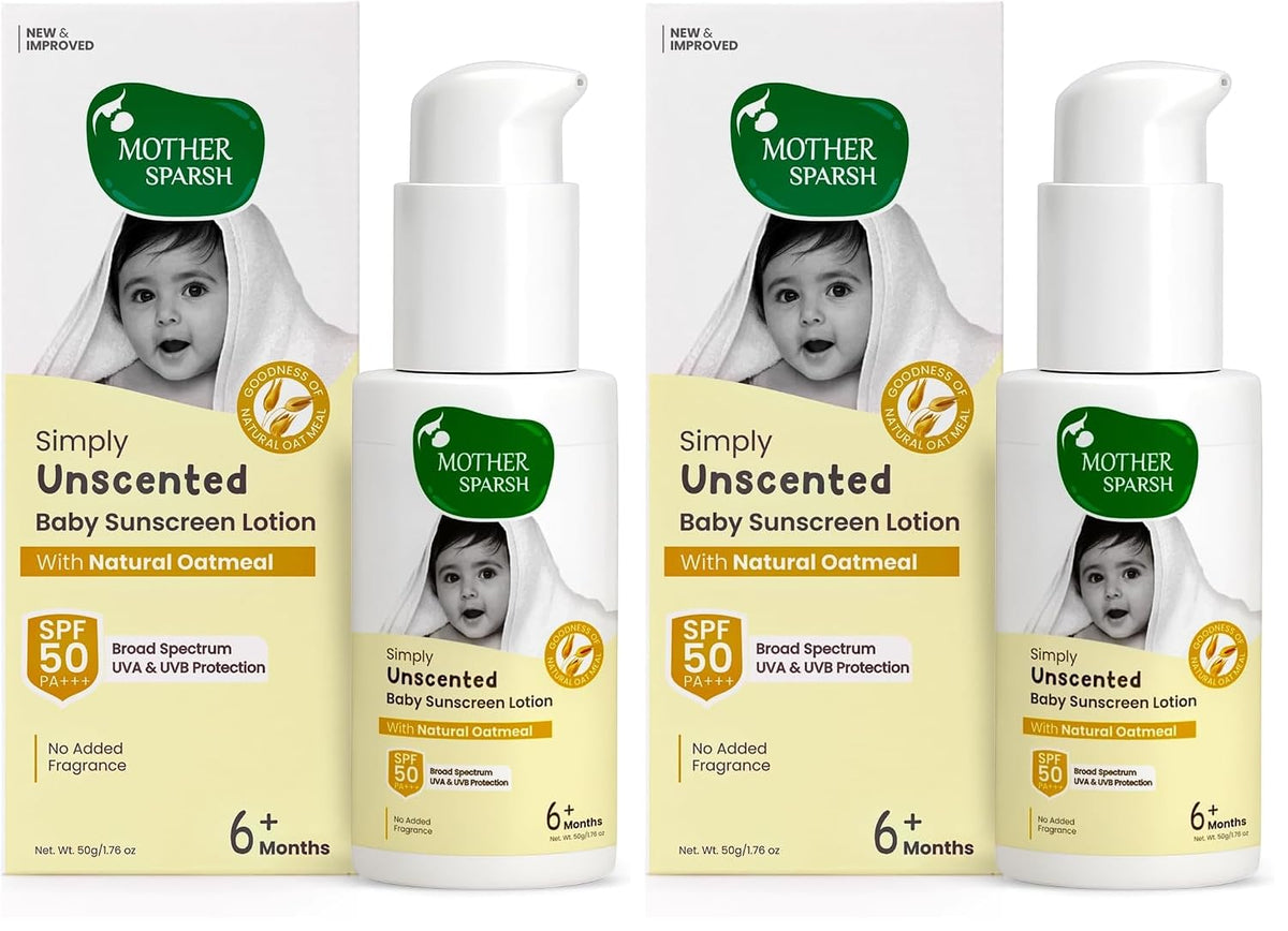 Mother Sparsh Simply Unscented Mineral Baby Sunscreen with Natural Oatmeal -50g, with SPF 50 & UVA/UVB Protection | Fragrance Free Sunscreen for Babies with Sensitive Skin (Pack of 2)