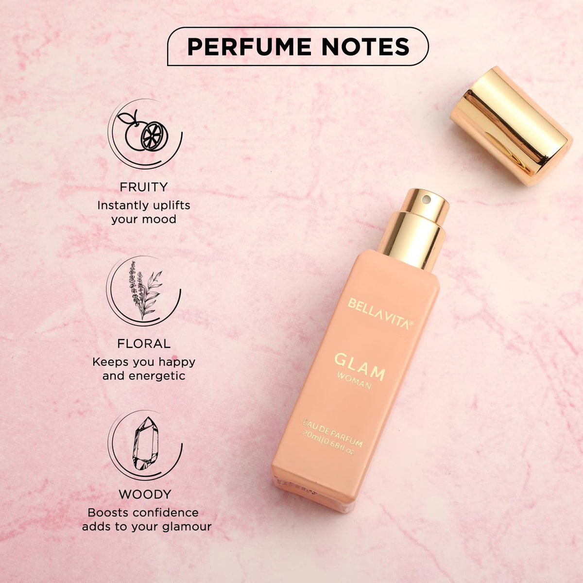 Bella Vita Luxury GLAM | Long Lasting Liquid EDP 20ml for Woman | with African Orange, Jasmine and Patchouli | Floral and Woody Premium Fragrance for Women (Pack of 1)