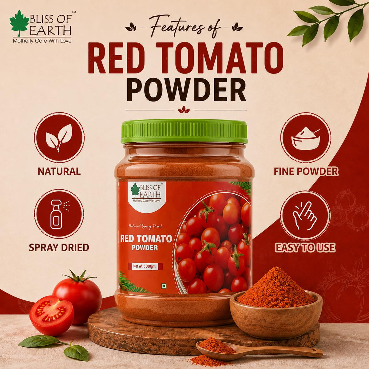 Bliss of Earth 500Gm Red Tomato Powder natural Spray Dried