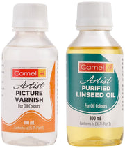 Camel Artist Picture Varnish for Oil Colour (Off-White) & Purified Linseed Oil for Colour (Yellow)