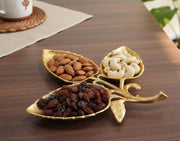 Kridaykraft Metal Gold Polish Leaf-Shaped 3-Section Dry Fruit Tray, 17x17 cm, 250 gm, Decorative Serving Platter