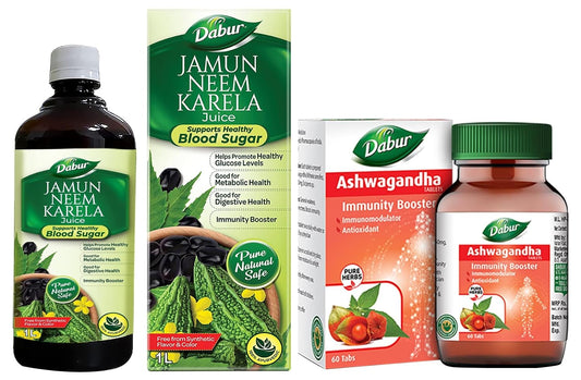 Dabur Jamun Neem Karela Juice - 1L & Dabur Ashwagandha Tablets - 60 tabs COMBO